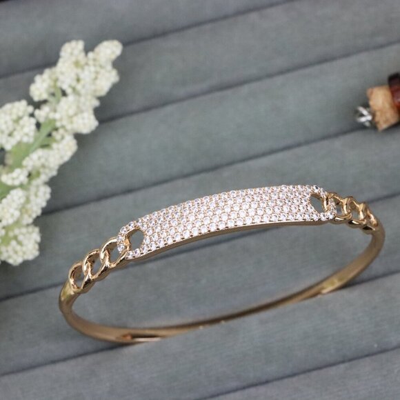 Rose Gold Chain Link Bangle with Sparkling Stone-Encrusted Plate, XPBL0556 - Picture 10 of 12